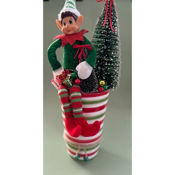 Price Reduced Vintage Christmas Elf Assemblage Centerpiece Bottlebrush Trees - Picture 3 of 7